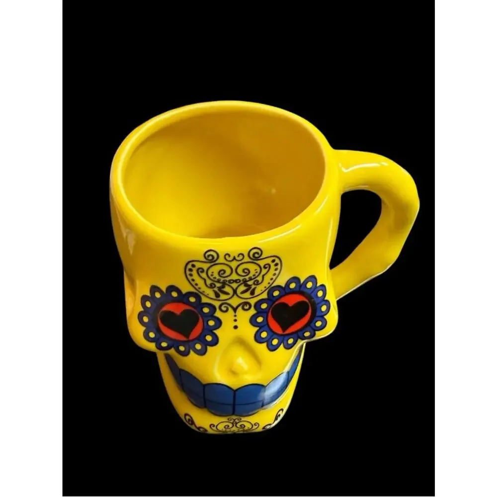 Yellow Sugar Skull Ceramic Mug with Blue and Red Accents